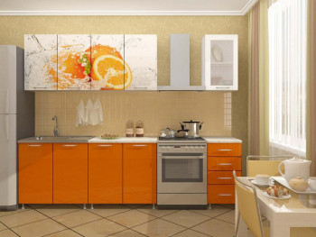 Кухонный гарнитур 2,0м Апельсин (Белый/Оранжевый металлик/Фотопечать апельсин) в Краснозёрском - krasnozyorskoe.mebel54.com | фото
