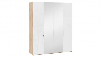 Шкаф комбинированный с 2 глухими и 2 зеркальными дверями «Эмбер» Яблоня Беллуно/Белый глянец в Краснозёрском - krasnozyorskoe.mebel54.com | фото